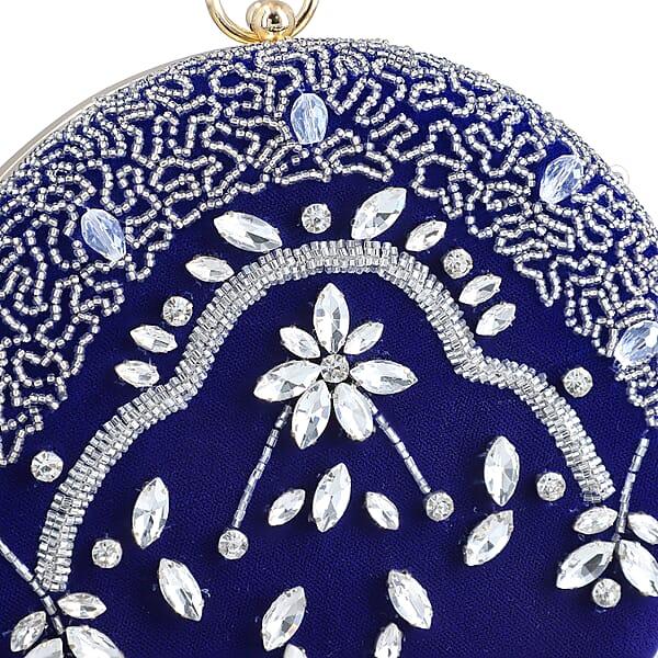 Shop Lc Royal Blue Hand Embroidery Round Shaped Beads Studded Velvet Clutch With Ring Handle And Sling Chain