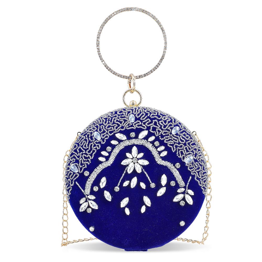shop lc Royal Blue Hand Embroidery Round Shaped Beads Studded Velvet Clutch with Ring Handle and Sling Chain