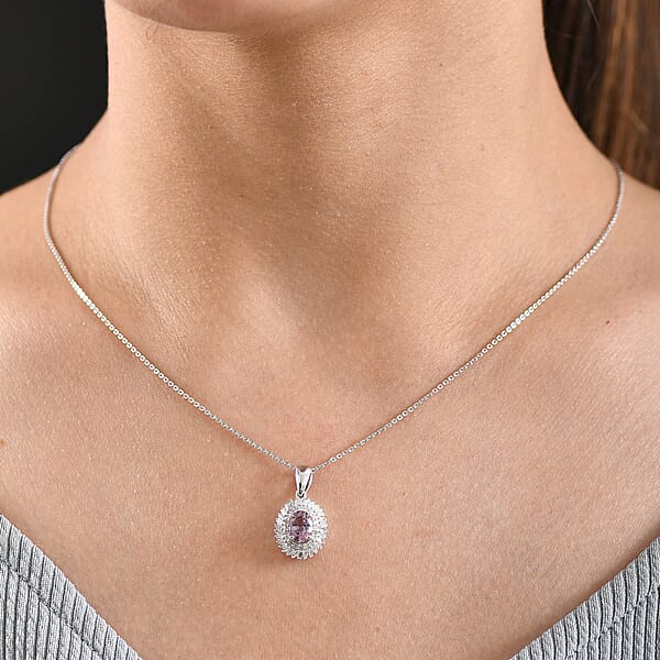 Shop Lc Royal Lavender Spinel And Diamond 1.15 Ctw Floral Pendant Necklace In Rhodium Over Sterling Silver 20 Inches