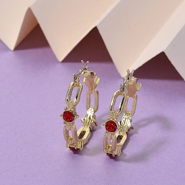 Shop Lc Ruby Color Austrian Crystal Paperclip Chain Hoop Earrings In Goldtone