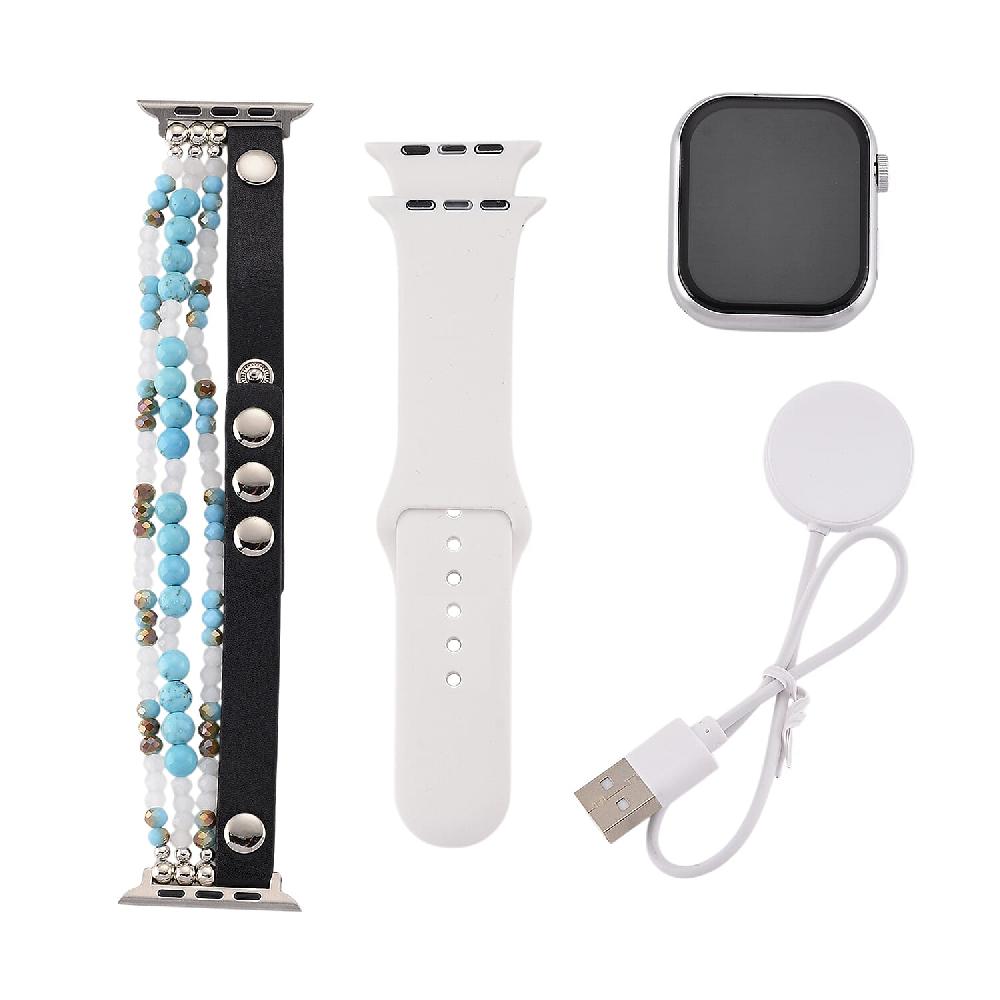 shop lc S9 Multi Functional Smart Watch with White Silicone and Blue Howlite with Crystal Faux Leather Strap