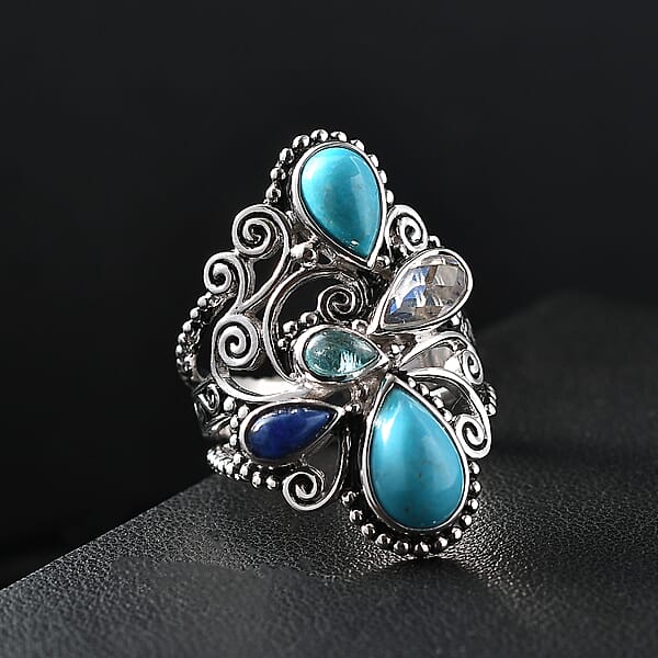 Shop Lc Sajen Silver Arizona Turquoise Multi Gemstone Ring In Rhodium Over Sterling Silver 3.30 Ctw