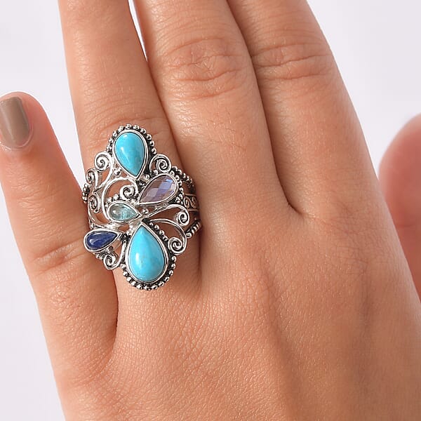 Shop Lc Sajen Silver Arizona Turquoise Multi Gemstone Ring In Rhodium Over Sterling Silver 3.30 Ctw