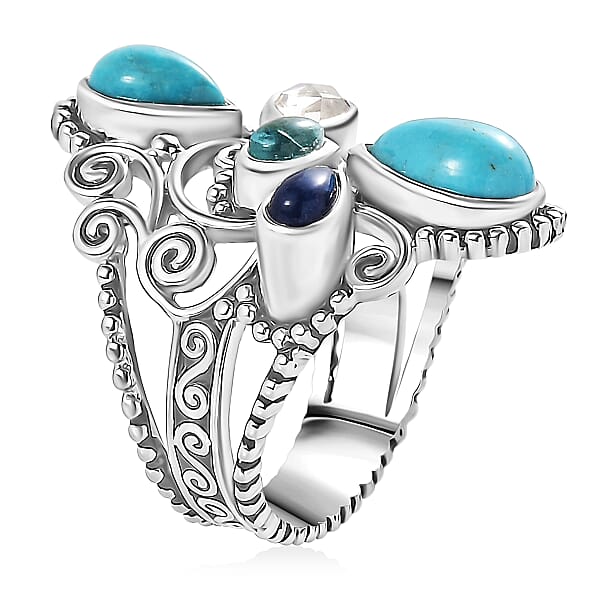 Shop Lc Sajen Silver Arizona Turquoise Multi Gemstone Ring In Rhodium Over Sterling Silver 3.30 Ctw