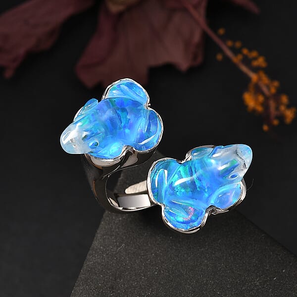 Shop Lc Sajen Silver Blue Opal Doublet Quartz Carved Frog 12.15 Ctw Ring In Rhodium Over Sterling Silver