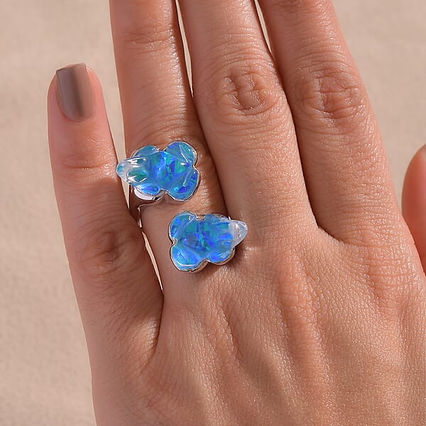 Shop Lc Sajen Silver Blue Opal Doublet Quartz Carved Frog 12.15 Ctw Ring In Rhodium Over Sterling Silver