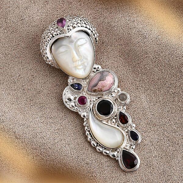 Shop Lc Sajen Silver Carved Bone And Multi Gemstone 10.25 Ctw Pendant Without Chain In Sterling Silver