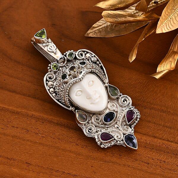 Shop Lc Sajen Silver Carved Bone And Multi Gemstone 3.85 Ctw Pendant Without Chain In Sterling Silver