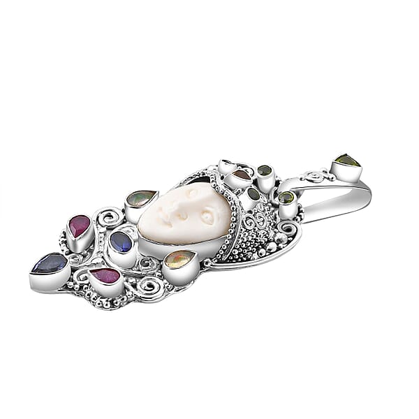 Shop Lc Sajen Silver Carved Bone And Multi Gemstone 3.85 Ctw Pendant Without Chain In Sterling Silver