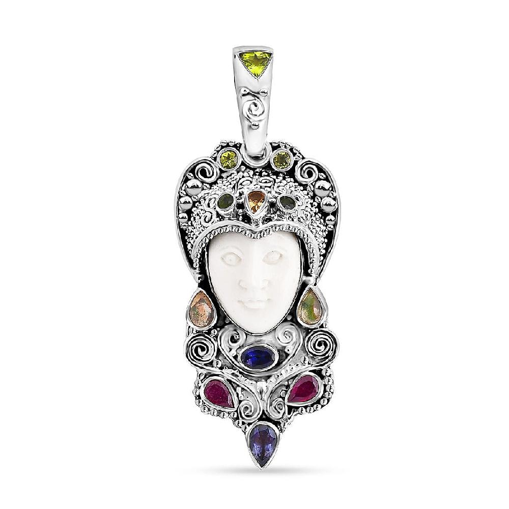 shop lc Sajen Silver Carved Bone and Multi Gemstone 3.85 ctw Pendant without Chain in Sterling Silver