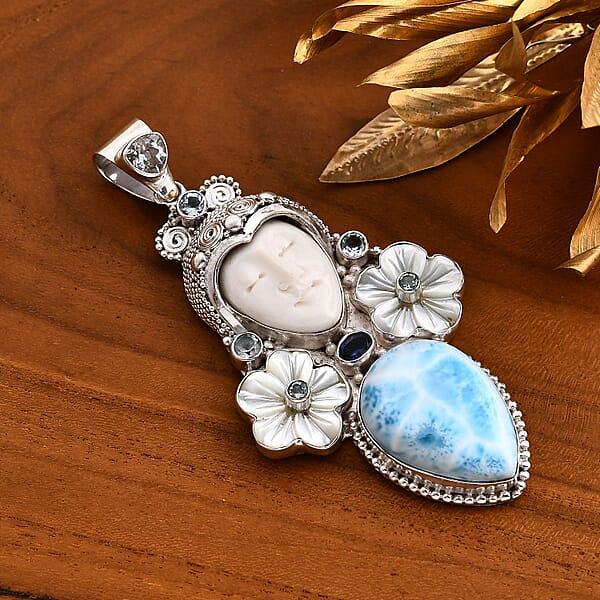 Shop Lc Sajen Silver Carved Bone And Multi Gemstone 30.40 Ctw Pendant Without Chain In Sterling Silver