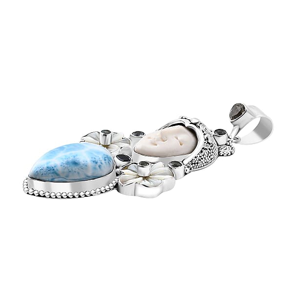 Shop Lc Sajen Silver Carved Bone And Multi Gemstone 30.40 Ctw Pendant Without Chain In Sterling Silver