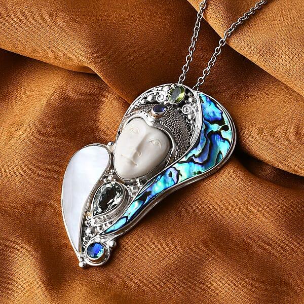 Shop Lc Sajen Silver Carved Bone And Multi Gemstone 5.35 Ctw Pendant Without Chain In Sterling Silver
