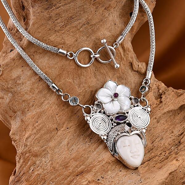 Shop Lc Sajen Silver Carved Bone And Multi Gemstone Necklace 20 Inches In Sterling Silver 2.85 Ctw