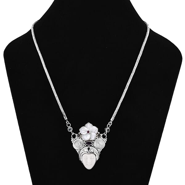 Shop Lc Sajen Silver Carved Bone And Multi Gemstone Necklace 20 Inches In Sterling Silver 2.85 Ctw