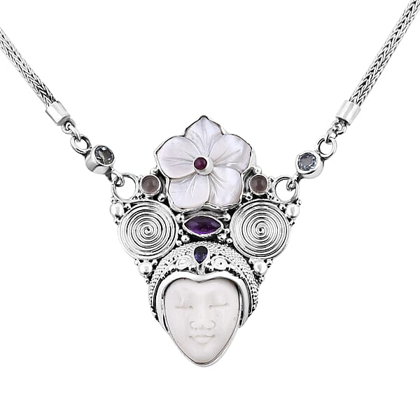 Shop Lc Sajen Silver Carved Bone And Multi Gemstone Necklace 20 Inches In Sterling Silver 2.85 Ctw