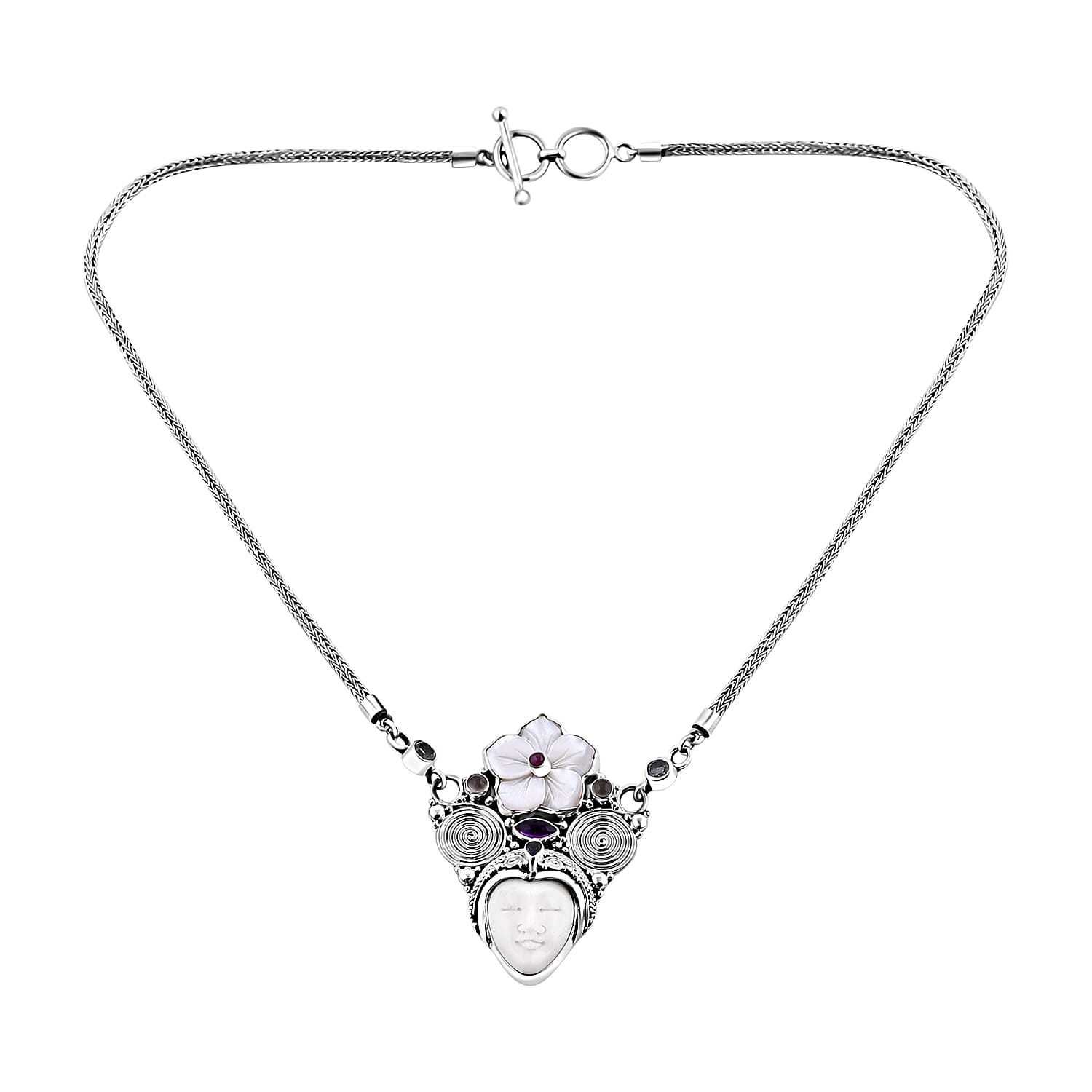 shop lc Sajen Silver Carved Bone and Multi Gemstone Necklace 20 Inches in Sterling Silver 2.85 ctw