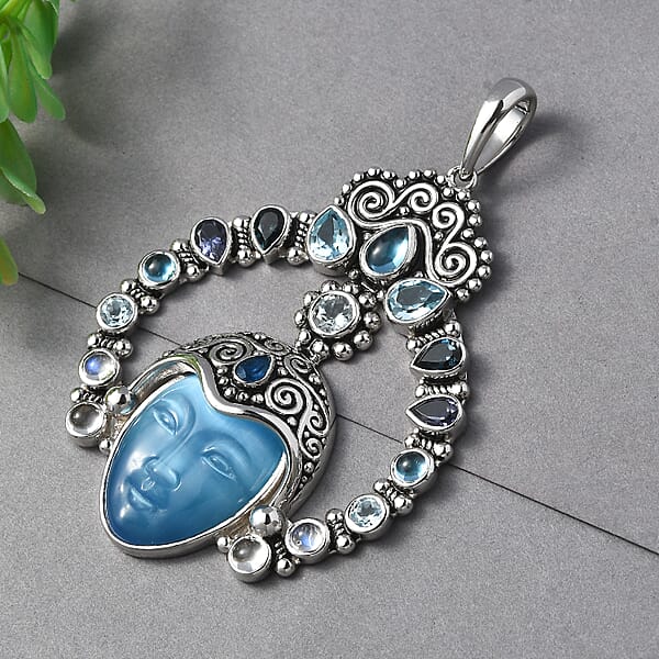 Shop Lc Sajen Silver Constituted Amethyst Carved And Multi Gemstone 28.70 Ctw Pendant Without Chain In Rhodium Over Sterling Silver