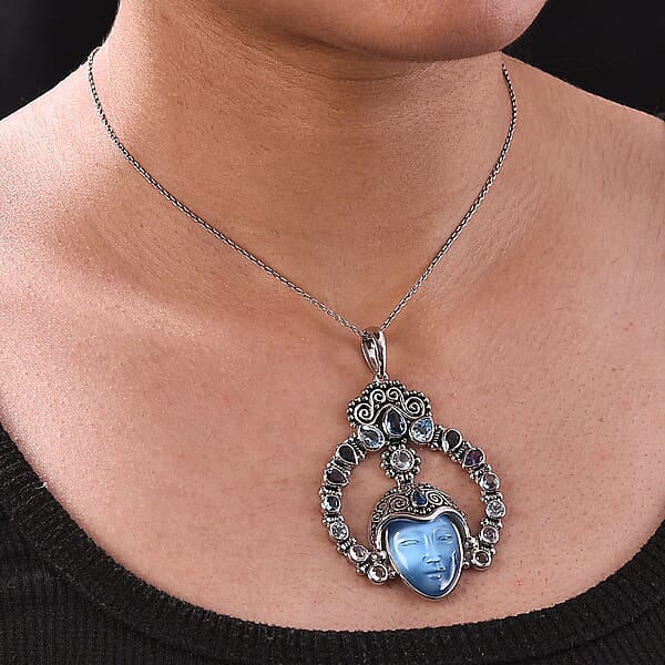 Shop Lc Sajen Silver Constituted Amethyst Carved And Multi Gemstone 28.70 Ctw Pendant Without Chain In Rhodium Over Sterling Silver