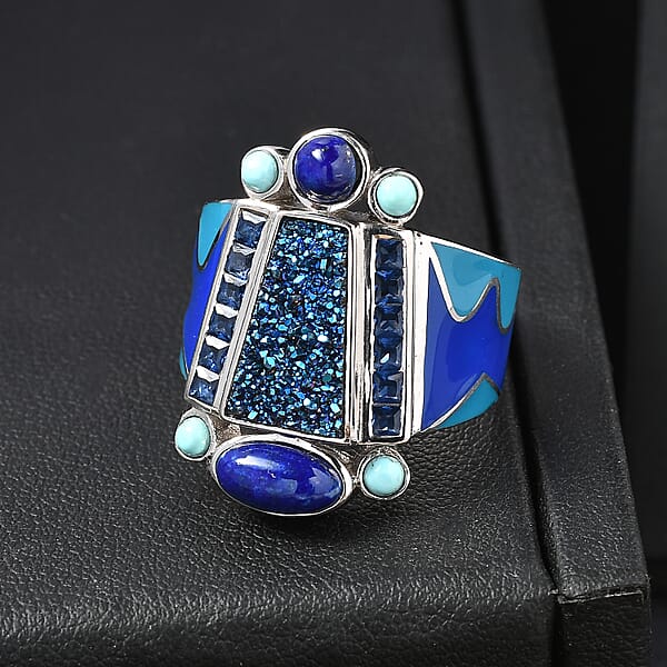 Shop Lc Sajen Silver Flat Blue Sapphire Drusy Quartz Multi Gemstone Ring In Rhodium Over Sterling Silver 5.00 Ctw