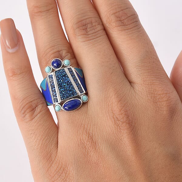 Shop Lc Sajen Silver Flat Blue Sapphire Drusy Quartz Multi Gemstone Ring In Rhodium Over Sterling Silver 5.00 Ctw