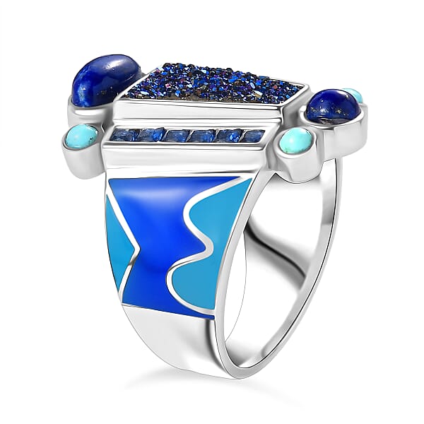 Shop Lc Sajen Silver Flat Blue Sapphire Drusy Quartz Multi Gemstone Ring In Rhodium Over Sterling Silver 5.00 Ctw