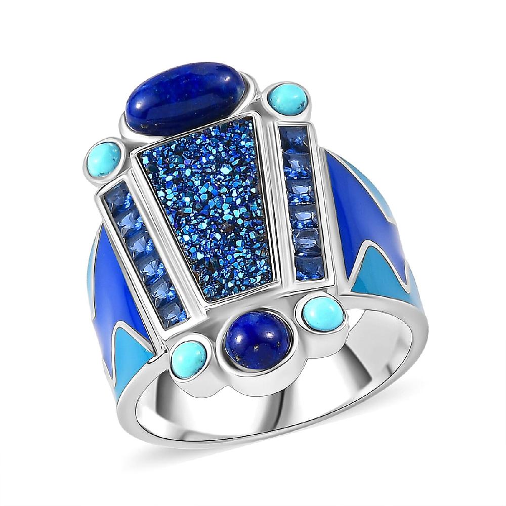 shop lc Sajen Silver Flat Blue Sapphire Drusy Quartz Multi Gemstone Ring in Rhodium Over Sterling Silver 5.00 ctw