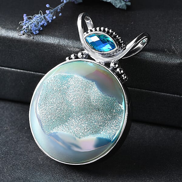 Shop Lc Sajen Silver Golden Dream Paraiba Window Drusy Quartz And Rainbow Paraiba Doublet Quartz 113.60 Ctw Pendant Without Chain In Rhodium Over Sterling Silver