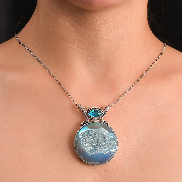 Shop Lc Sajen Silver Golden Dream Paraiba Window Drusy Quartz And Rainbow Paraiba Doublet Quartz 113.60 Ctw Pendant Without Chain In Rhodium Over Sterling Silver