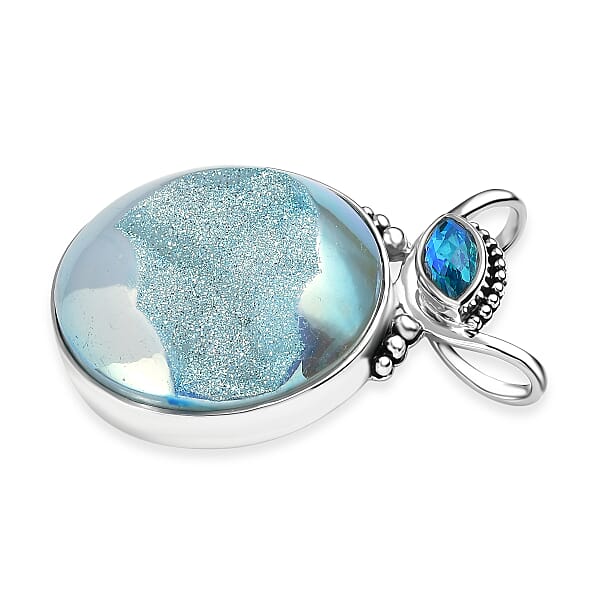 Shop Lc Sajen Silver Golden Dream Paraiba Window Drusy Quartz And Rainbow Paraiba Doublet Quartz 113.60 Ctw Pendant Without Chain In Rhodium Over Sterling Silver