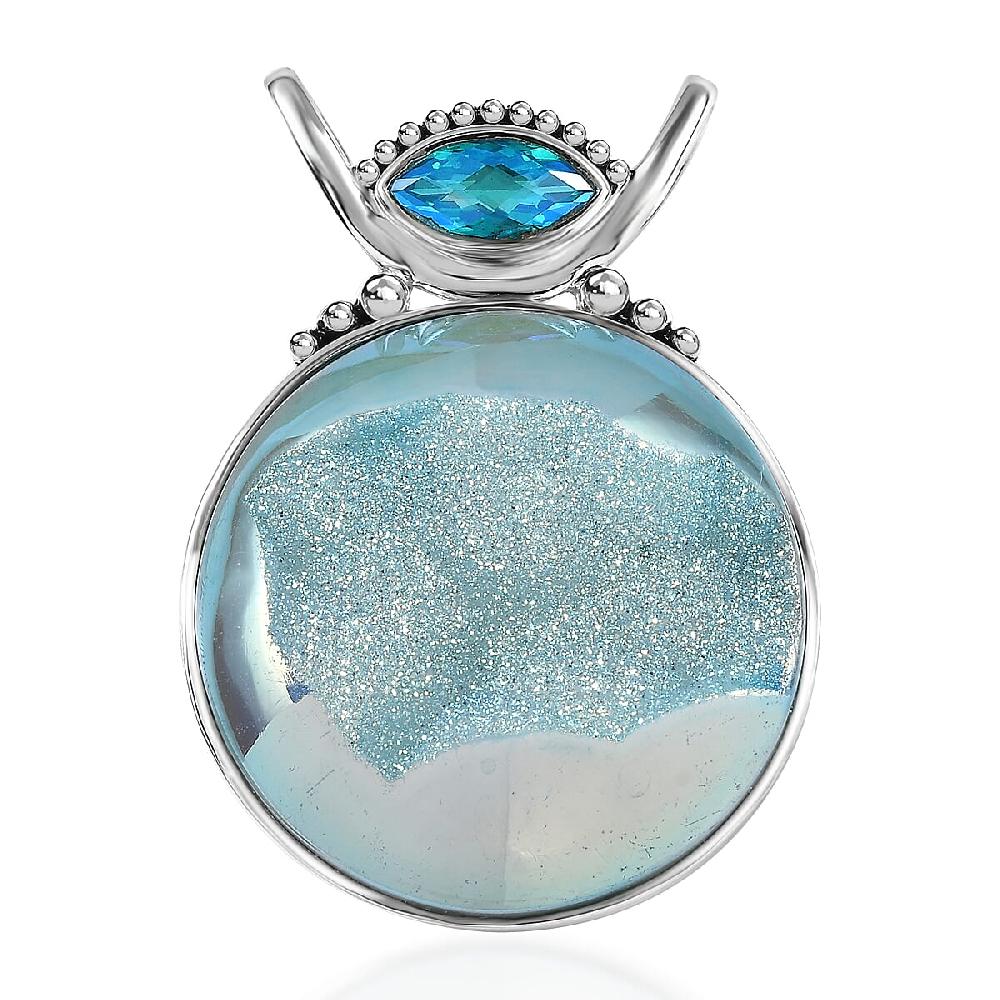 shop lc Sajen Silver Golden Dream Paraiba Window Drusy Quartz and Rainbow Paraiba Doublet Quartz 113.60 ctw Pendant without Chain in Rhodium Over Sterling Silver