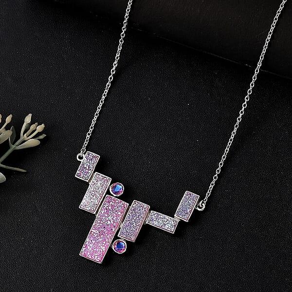 Shop Lc Sajen Silver Golden Dream Pink Flat Drusy Quartz And Pink Rainbow Doublet Quartz 13.50 Ctw Necklace In Rhodium Over Sterling Silver 18 Inches