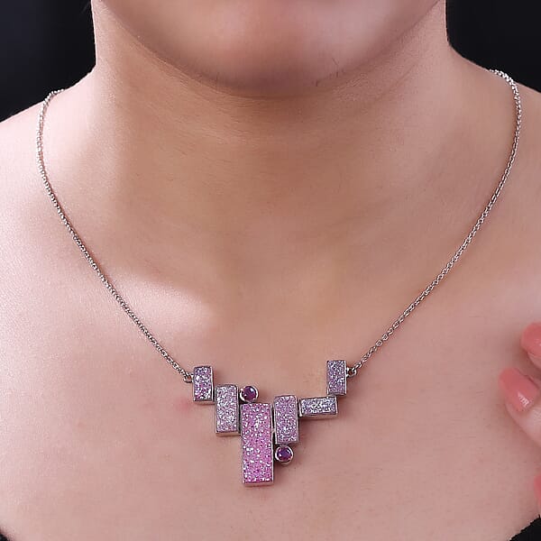 Shop Lc Sajen Silver Golden Dream Pink Flat Drusy Quartz And Pink Rainbow Doublet Quartz 13.50 Ctw Necklace In Rhodium Over Sterling Silver 18 Inches