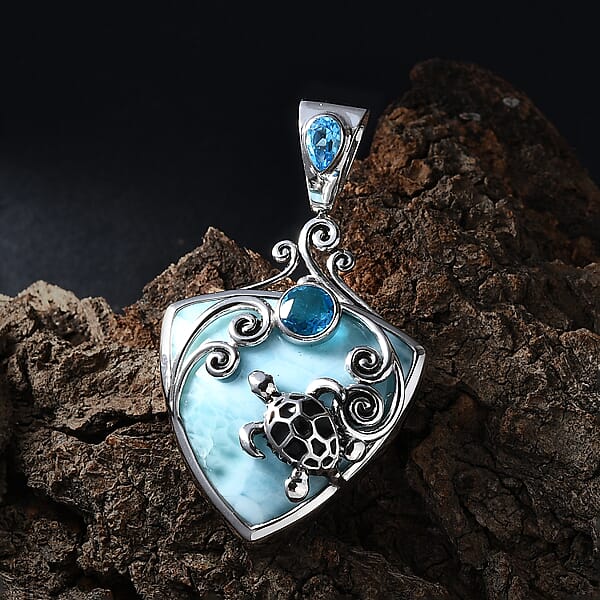Shop Lc Sajen Silver Larimar And Celestial Blue Doublet Quartz 23.70 Ctw Turtle Pendant Without Chain In Rhodium Over Sterling Silver