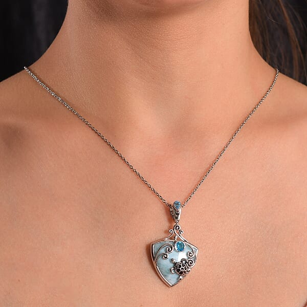 Shop Lc Sajen Silver Larimar And Celestial Blue Doublet Quartz 23.70 Ctw Turtle Pendant Without Chain In Rhodium Over Sterling Silver
