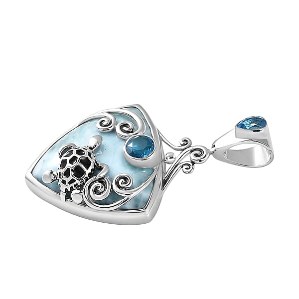 Shop Lc Sajen Silver Larimar And Celestial Blue Doublet Quartz 23.70 Ctw Turtle Pendant Without Chain In Rhodium Over Sterling Silver