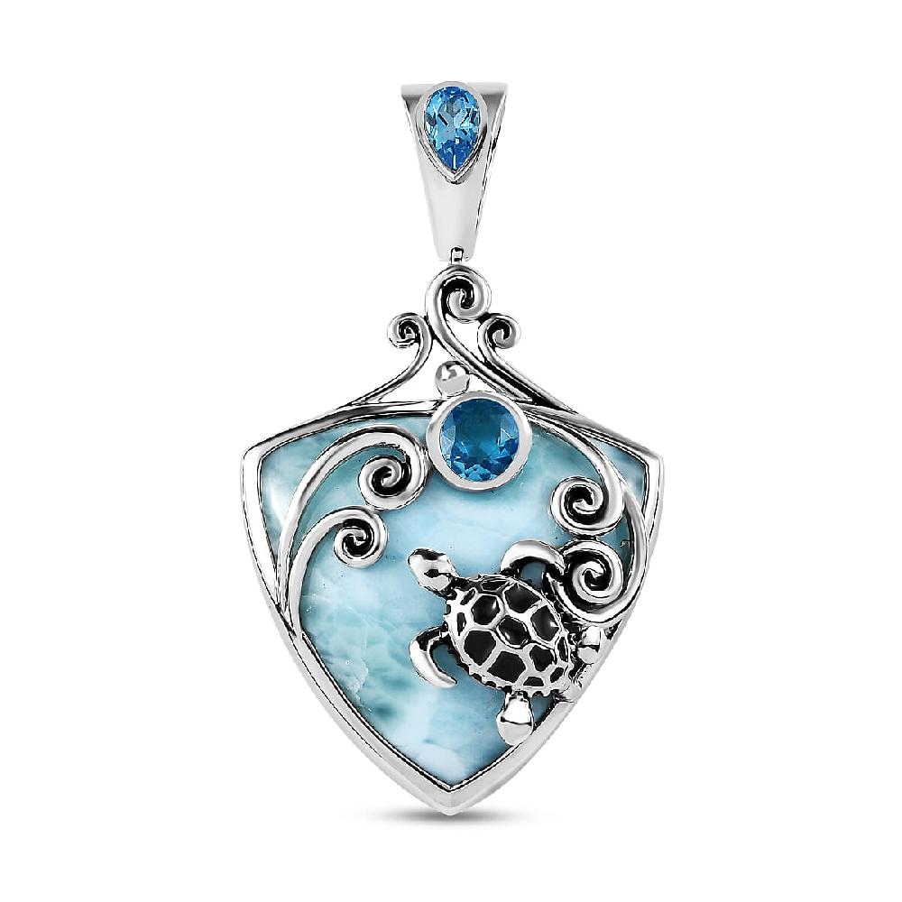 shop lc Sajen Silver Larimar and Celestial Blue Doublet Quartz 23.70 ctw Turtle Pendant without Chain in Rhodium Over Sterling Silver