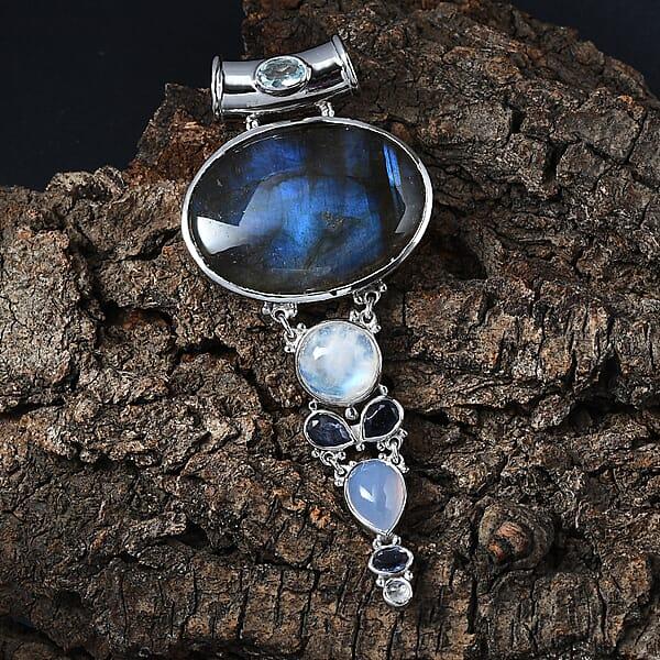 Shop Lc Sajen Silver Malagasy Labradorite And Multi Gemstone 42.50 Ctw Pendant Without Chain In Rhodium Over Sterling Silver