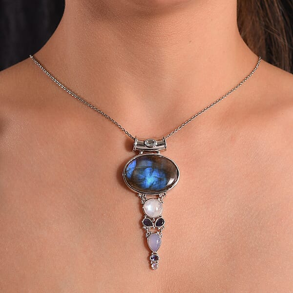 Shop Lc Sajen Silver Malagasy Labradorite And Multi Gemstone 42.50 Ctw Pendant Without Chain In Rhodium Over Sterling Silver