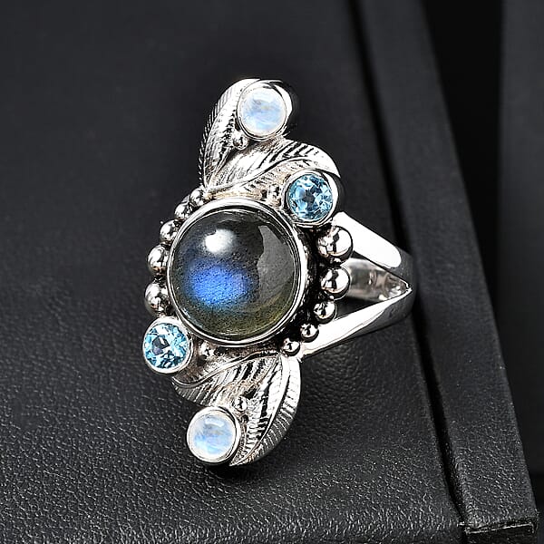 Shop Lc Sajen Silver Malagasy Labradorite Multi Gemstone Ring In Rhodium Over Sterling Silver 5.10 Ctw