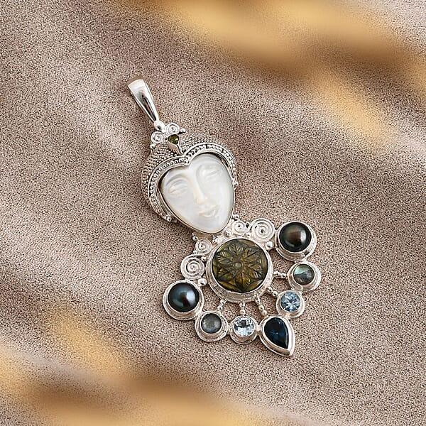 Shop Lc Sajen Silver Mother Of Pearl Carved And Multi Gemstone 25.65 Ctw Pendant Without Chain In Sterling Silver