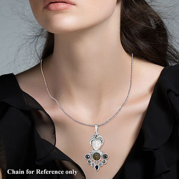 Shop Lc Sajen Silver Mother Of Pearl Carved And Multi Gemstone 25.65 Ctw Pendant Without Chain In Sterling Silver
