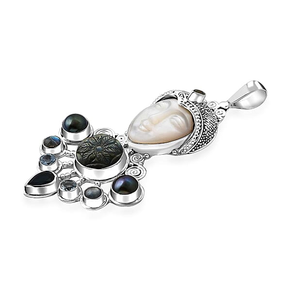 Shop Lc Sajen Silver Mother Of Pearl Carved And Multi Gemstone 25.65 Ctw Pendant Without Chain In Sterling Silver