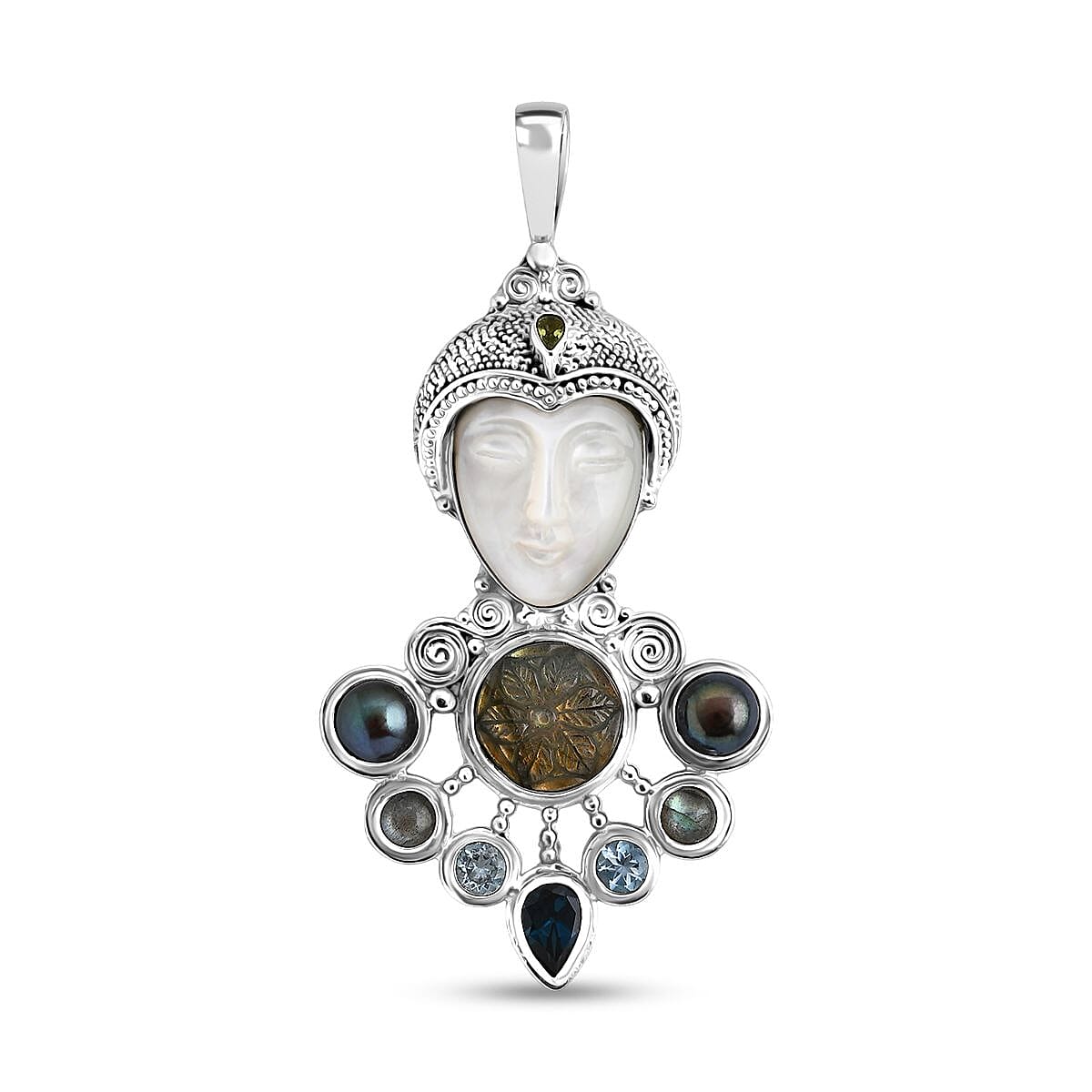 shop lc Sajen Silver Mother of Pearl Carved and Multi Gemstone 25.65 ctw Pendant without Chain in Sterling Silver