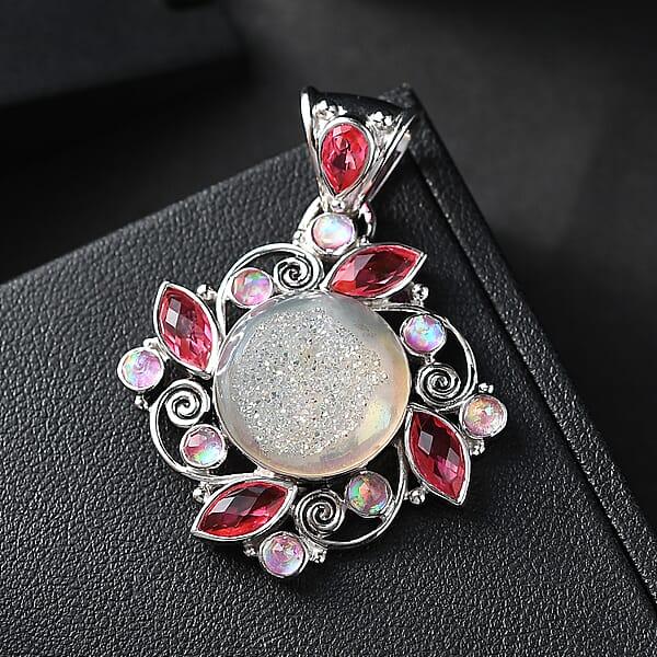 Shop Lc Sajen Silver Pink Pearl Dyed Window Drusy Quartz Multi Gemstone Pendant Without Chain In Rhodium Over Sterling Silver 16.40 Ctw