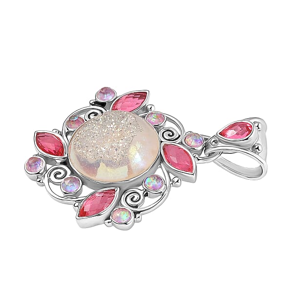 Shop Lc Sajen Silver Pink Pearl Dyed Window Drusy Quartz Multi Gemstone Pendant Without Chain In Rhodium Over Sterling Silver 16.40 Ctw