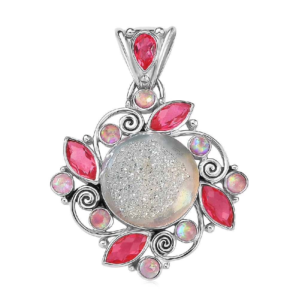 shop lc Sajen Silver Pink Pearl Dyed Window Drusy Quartz Multi Gemstone Pendant without Chain in Rhodium Over Sterling Silver 16.40 ctw