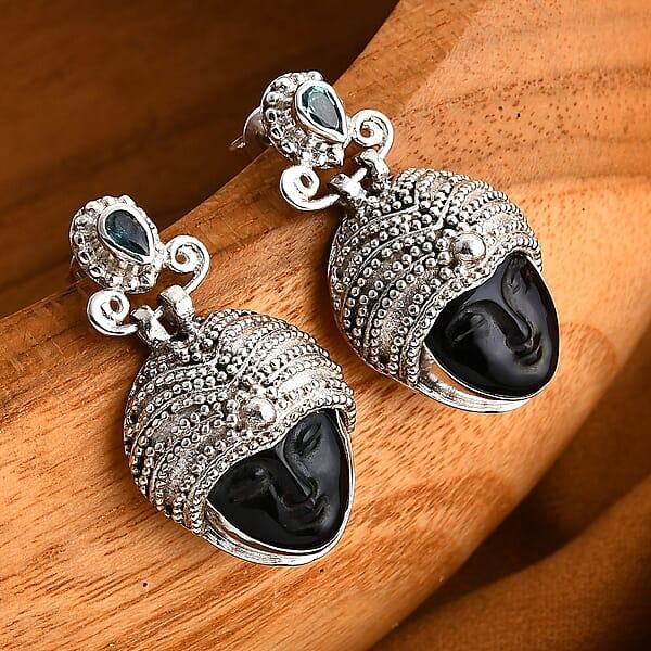 Shop Lc Sajen Silver Rainbow Obsidian Carved And Apatite 9.20 Ctw Buddha Earrings In Sterling Silver