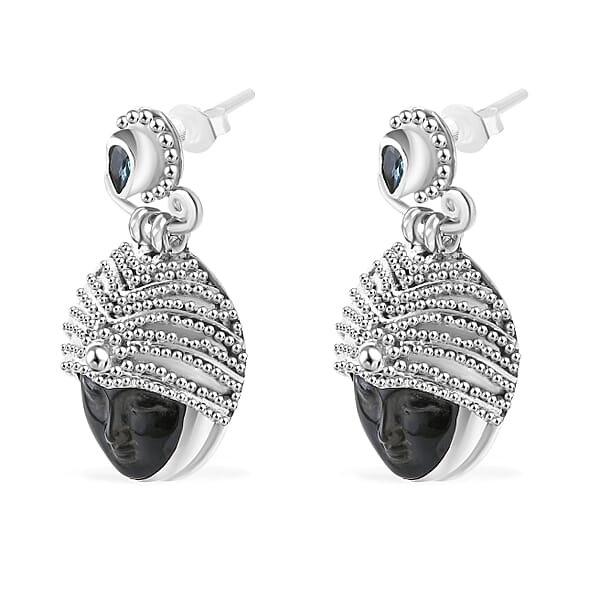 Shop Lc Sajen Silver Rainbow Obsidian Carved And Apatite 9.20 Ctw Buddha Earrings In Sterling Silver