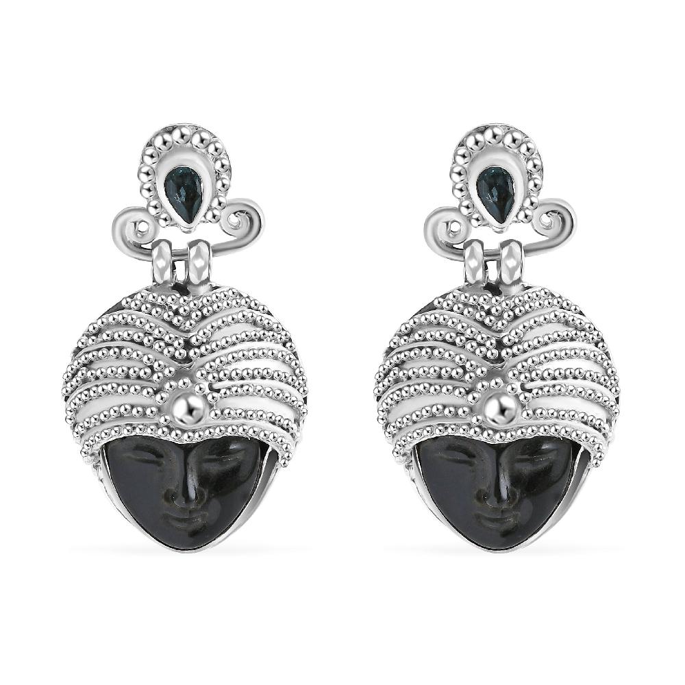 shop lc Sajen Silver Rainbow Obsidian Carved and Apatite 9.20 ctw Buddha Earrings in Sterling Silver